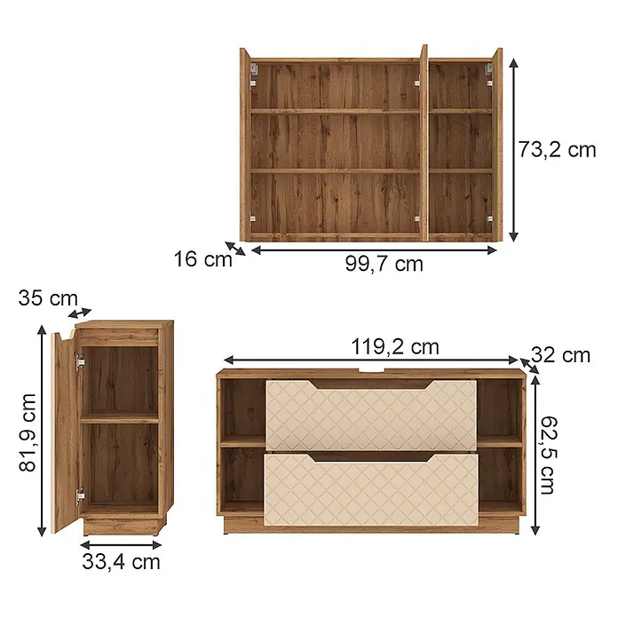 Vicco Badmöbel-Set Lotta Cashmere 3 Teile - Cashmere, Matt - Drei Möbelstücke aus hellbraunem Holz: ein Hängeschrank, ein schmaler Schrank und eine Kommode mit zwei gemusterten beigen Schubladen, alle Maße angezeigt.