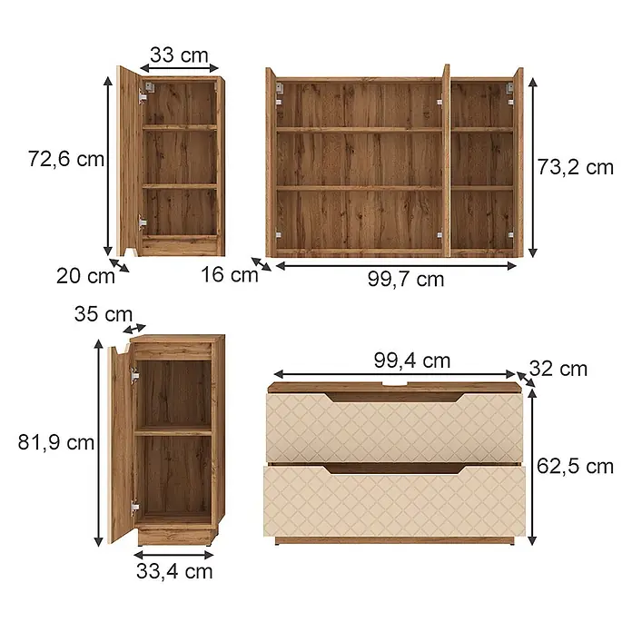 Vicco Badmöbel-Set Lotta Cashmere 4 Teile - Cashmere, Matt - Set aus modularen Holzschränken und einer Kommode mit zwei beigefarbenen, gemusterten Schubladen, Maße angegeben.