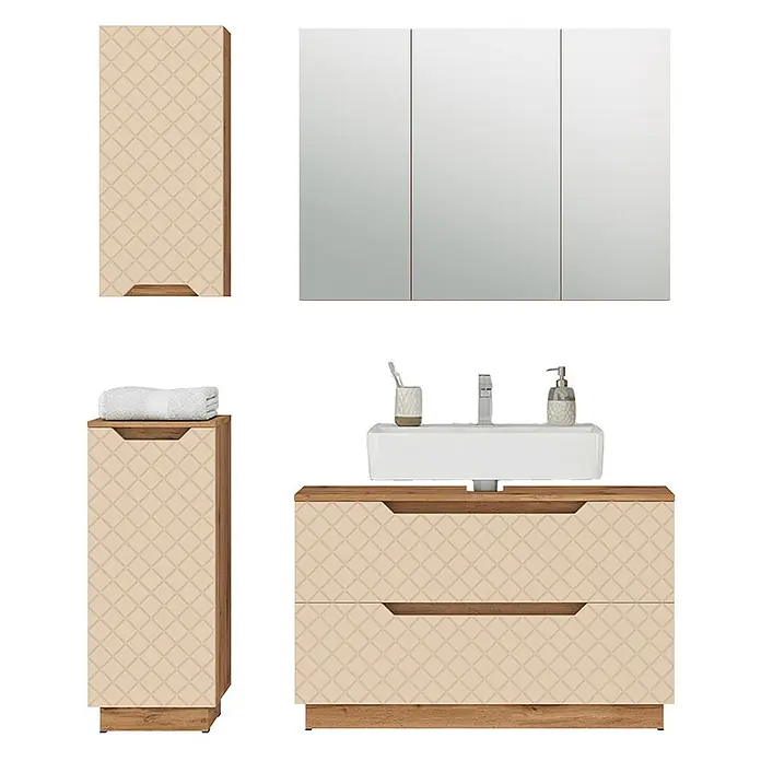 Vicco Badmöbel-Set Lotta Cashmere 4 Teile - Cashmere, Matt - Beiges Badmöbelset mit Rautenmuster und Holzdetails: Hochschränke, Spiegelschrank, Waschtisch mit Waschbecken.
