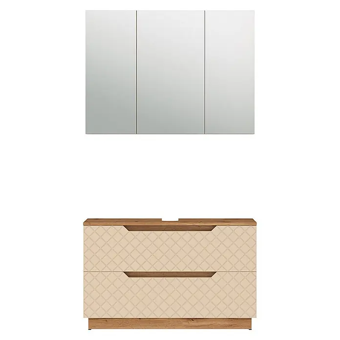 Vicco Badmöbel-Set Lotta Cashmere 2 Teile - Cashmere, Matt - Badezimmermöbel: dreitüriger Spiegelschrank und beiger Unterschrank mit zwei Schubladen, Rautenmuster und Holzoptik.