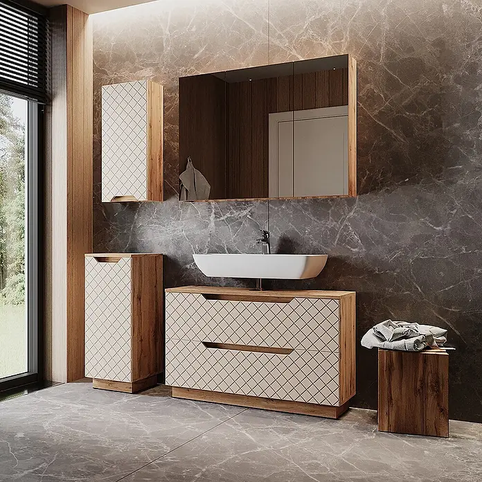 Vicco Badmöbel-Set Lotta Cashmere 4 Teile - Cashmere, Matt - Modernes Badmöbelset in Holzoptik mit hellen, rautenförmig gemusterten Fronten, bestehend aus Waschtischunterschrank und Schränken.
