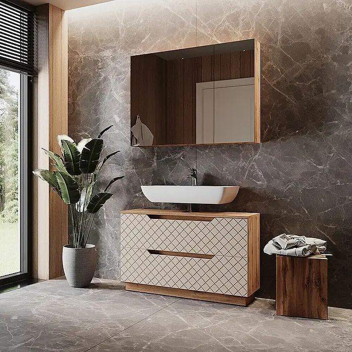 Vicco Badmöbel-Set Lotta Cashmere 2 Teile - Cashmere, Matt - Moderner hellholziger Badezimmerschrank mit gemusterten Schubladen, weißem Aufsatzwaschbecken und rechteckigem Spiegel im stilvollen Bad.