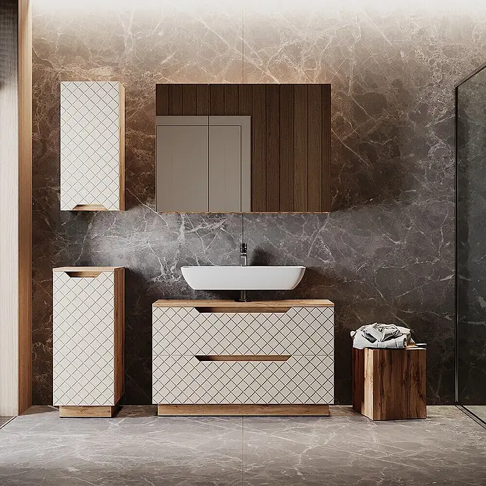 Vicco Badmöbel-Set Lotta Cashmere 4 Teile - Cashmere, Matt - Modernes Badmöbelset mit hellen Fronten im Rautenmuster und Holzoptik-Akzenten, bestehend aus Waschtisch, Wand- und Hochschrank.