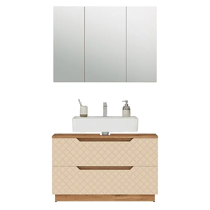 Vicco Badmöbel-Set Lotta Cashmere 2 Teile - Cashmere, Matt - Moderner Badschrank mit Holzoptik-Platte, beigefarbenen gemusterten Schubladen, weißem Waschbecken und dreiteiligem Spiegelschrank.