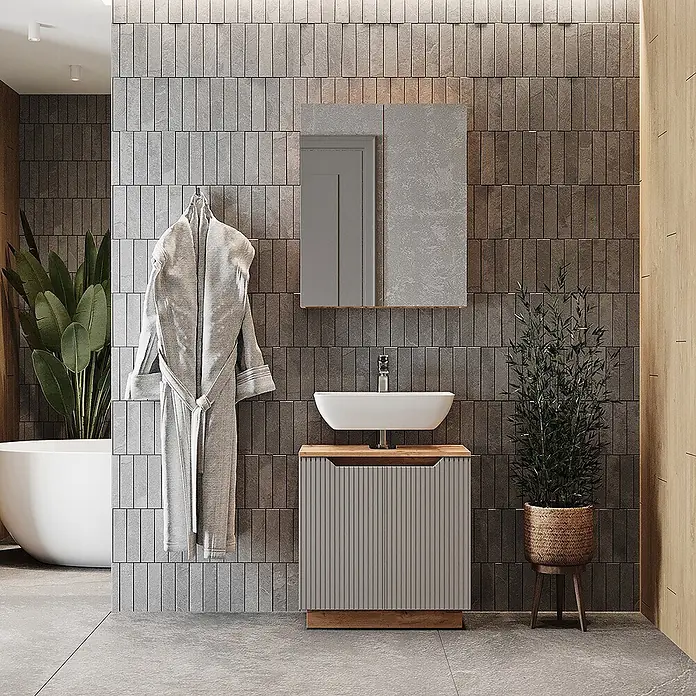 Vicco Badmöbel-Set Lotta Grau 2 Teile - Grau, Matt - Moderner Badezimmerschrank mit hellgrauen gerippten Türen und Holzplatte, weißem Aufsatzwaschbecken und Spiegelschrank.