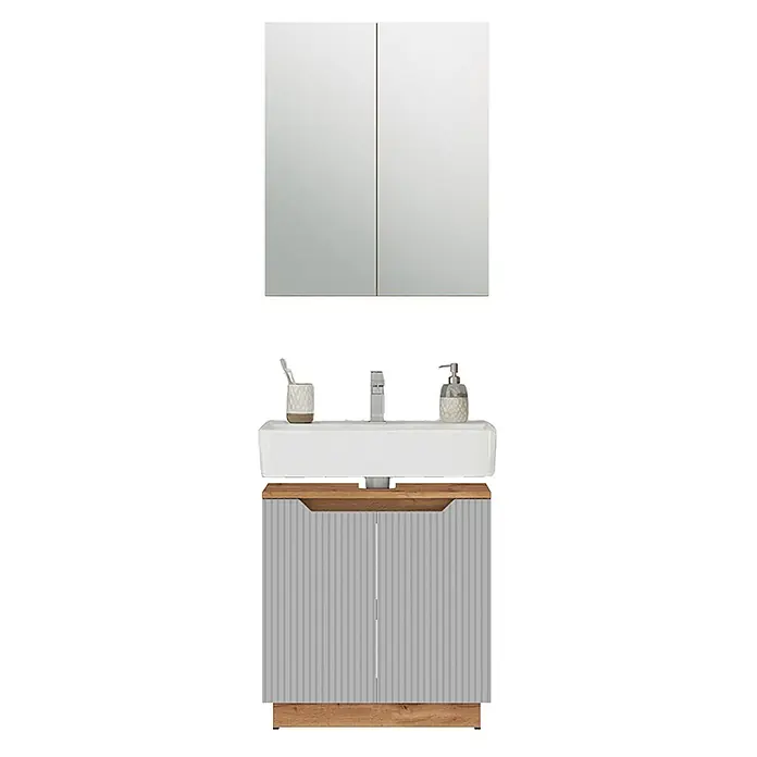 Vicco Badmöbel-Set Lotta Grau 2 Teile - Grau, Matt - Badmöbel-Set mit Spiegelschrank, weißem Waschbecken und grau geripptem Unterschrank mit Holzdetails.