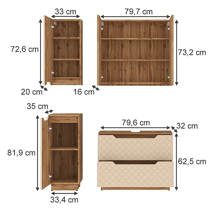 Vicco Badmöbel-Set Lotta Cashmere 4 Teile - Cashmere, Matt - Vier modulare Möbelstücke in Holzoptik, darunter Schränke, Regale und eine Schubladenkommode, alle mit spezifischen Abmessungen.