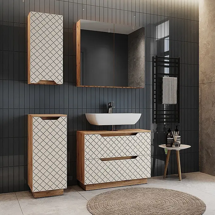 Vicco Badmöbel-Set Lotta Cashmere 4 Teile - Cashmere, Matt - Modernes Badmöbel-Set mit hellen Holzrahmen und cremefarbenen Rautenmuster-Fronten, bestehend aus Waschtischunterschrank, Schränken und Spiegelschrank, im stilvollen Badezimmer.