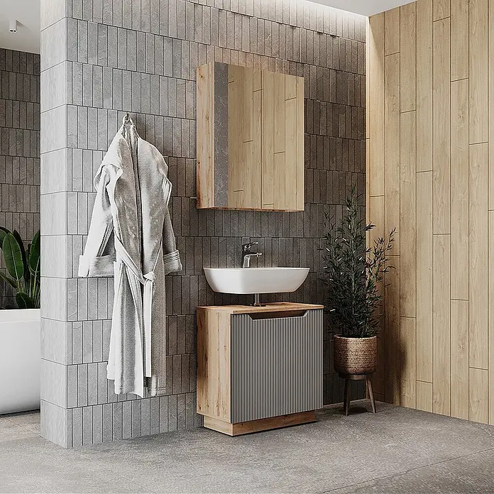 Vicco Badmöbel-Set Lotta Grau 2 Teile - Grau, Matt - Moderner Badezimmer-Waschtischunterschrank mit hellem Holzrahmen, grauer Lamellenfront, weißem Aufsatzwaschbecken und passendem Holzspiegelschrank.
