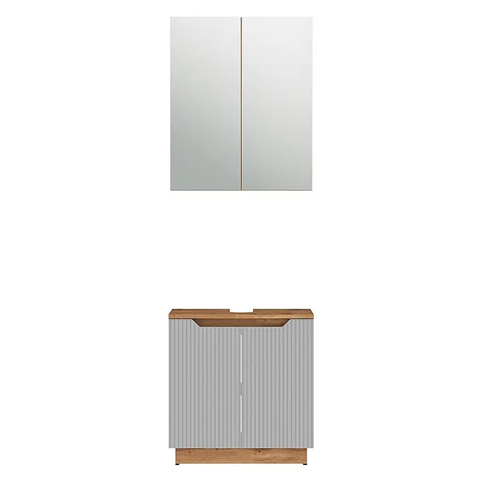 Vicco Badmöbel-Set Lotta Grau 2 Teile - Grau, Matt - Modernes Badmöbel-Set: Spiegelschrank und Unterschrank mit geriffelten hellgrauen Türen und Holzapplikationen.
