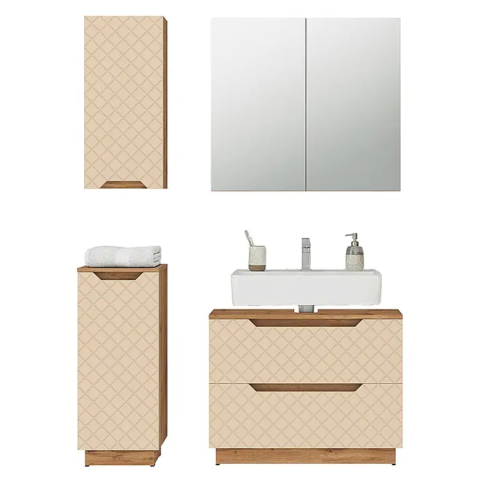 Vicco Badmöbel-Set Lotta Cashmere 4 Teile - Cashmere, Matt - Helles beiges Badmöbelset mit geometrischem Muster und Holzdetails, inklusive Schränken, Spiegel und Waschbeckenunterschrank.