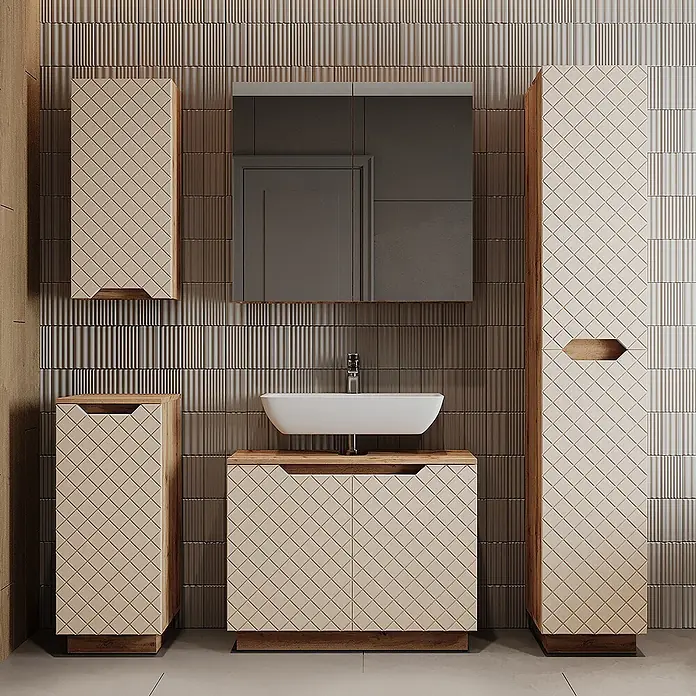 Vicco Badmöbel-Set Lotta Cashmere 3 Teile - Cashmere, Matt - Modernes Badmöbelset mit hellbeigen Rautenmustertüren und Holzdetails, inklusive Waschbecken, Spiegel und Schränken.