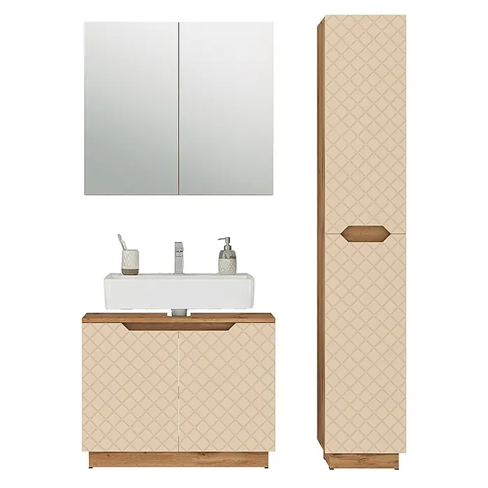 Vicco Badmöbel-Set Lotta Cashmere 3 Teile - Cashmere, Matt - Beiges Badmöbel-Set mit Rautenmuster und Holzapplikationen, Spiegelschrank, Waschtisch mit Waschbecken und Hochschrank.