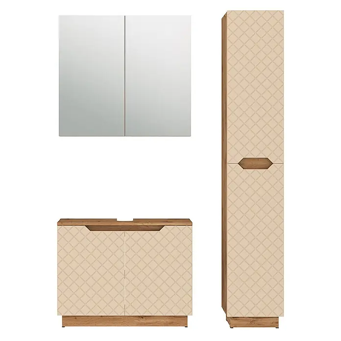 Vicco Badmöbel-Set Lotta Cashmere 3 Teile - Cashmere, Matt - Beige Badmöbel-Set mit Rautenmusterfronten und Holzoptik-Akzenten: Spiegelschrank, Waschtischunterschrank, Hochschrank.