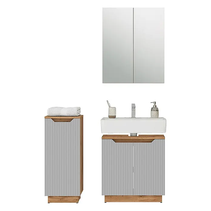 Vicco Badmöbel-Set Lotta Grau 3 Teile - Grau, Matt - Modernes Badezimmerset: hellgrauer gerillter Waschtisch mit Holzplatte, Waschbecken und Hochschrank, dazu ein Spiegelschrank.