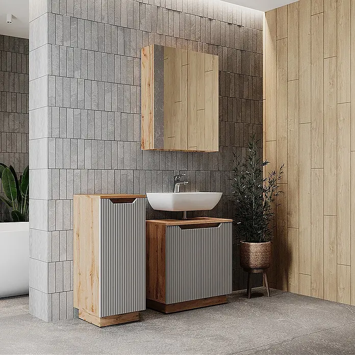 Vicco Badmöbel-Set Lotta Grau 3 Teile - Grau, Matt - Modernes Badmöbel-Set aus hellem Holz mit grauen Lamellen, bestehend aus Waschtisch, Hochschrank und Spiegelschrank.