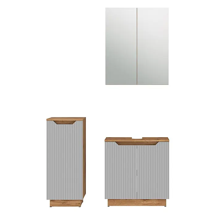 Vicco Badmöbel-Set Lotta Grau 3 Teile - Grau, Matt - Badezimmermöbel-Set: hellgrau gerippte Fronten und Holz-Akzente. Mit Spiegelschrank, Hochschrank und Waschtischunterschrank.