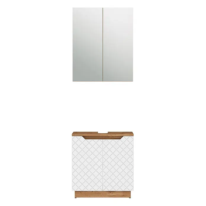 Vicco Badmöbel-Set Lotta Weiß 2 Teile - Weiß, Matt - Weißer Badezimmer-Waschtischunterschrank mit Holzplatte und Rautenmuster-Türen, dazu ein Spiegelschrank mit zwei Türen.