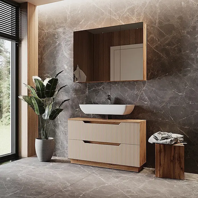 Vicco Badmöbel-Set Lotta Cashmere 2 Teile - Cashmere, Matt - Moderner Badezimmer-Waschtisch aus hellem Holz mit geriffelten Fronten und weißem Aufsatzwaschbecken.