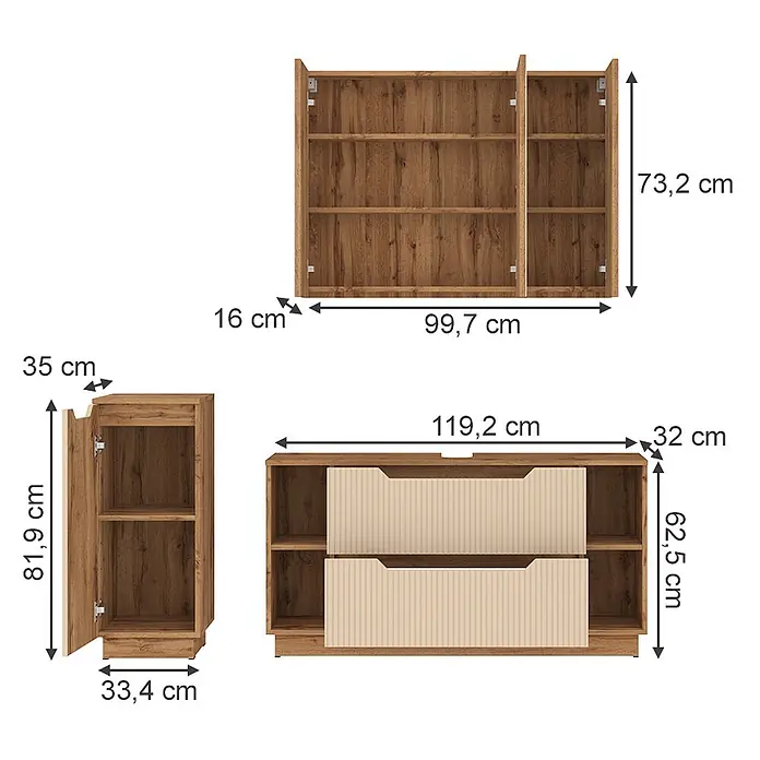 Vicco Badmöbel-Set Lotta Cashmere 3 Teile - Cashmere, Matt - Bemaßte Zeichnung von drei Holzoptik-Möbelstücken: einem Wandschrank, einem hohen Einzelschrank und einem niedrigen TV-Möbel mit beigefarbenen Schubladen.