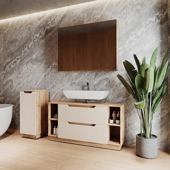 Vicco Badmöbel-Set Lotta Cashmere 3 Teile - Cashmere, Matt - Modernes helles Badmöbel-Set aus Holz mit gerippten Fronten, bestehend aus Waschtisch, Hochschrank und Spiegelschrank.