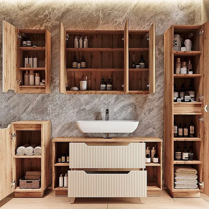 Vicco Badmöbel-Set Lotta Cashmere 3 Teile - Cashmere, Matt - Badmöbel-Set aus Holz mit weißem Waschbecken, Wandschränken und Stauraum.
