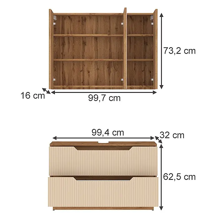 Vicco Badmöbel-Set Lotta Cashmere 2 Teile - Cashmere, Matt - Hölzerner Wandschrank mit Regalen und passende Holzkommode mit zwei beigen, strukturierten Schubladen und Maßen.