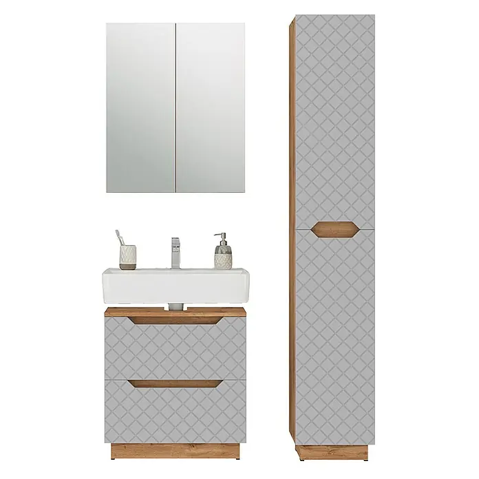 Vicco Badmöbel-Set Lotta Grau 3 Teile - Grau, Matt - Badezimmermöbel-Set mit Spiegelschrank, weißem Waschbecken auf grau gemusterter Waschtischunterschrank und passendem Hochschrank mit Holzdetails.