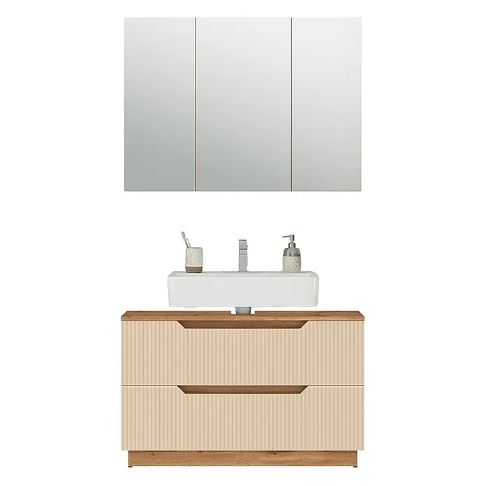 Vicco Badmöbel-Set Lotta Cashmere 2 Teile - Cashmere, Matt - Modernes Badmöbel-Set mit gestreiftem Beigeschrank, Holzplatte, weißem Waschbecken und dreitürigem Spiegelschrank.