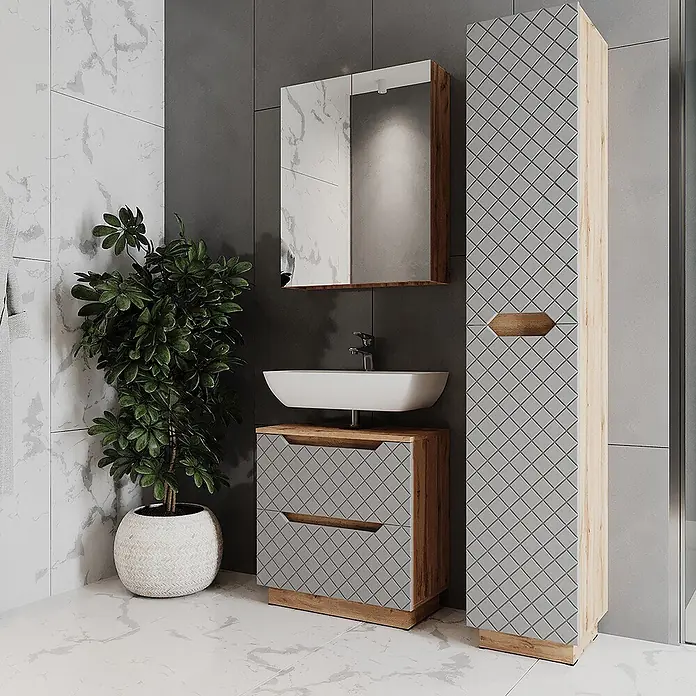 Vicco Badmöbel-Set Lotta Grau 3 Teile - Grau, Matt - Modernes Badezimmermöbel-Set mit hellem Holz und grauen Fronten im Rautenmuster, inklusive Waschtisch, Spiegelschrank und Hochschrank.