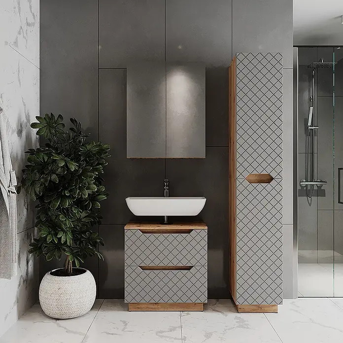 Vicco Badmöbel-Set Lotta Grau 3 Teile - Grau, Matt - Modernes Badmöbelset mit gemusterten grauen Fronten, Holzdetails und weißem Waschbecken.