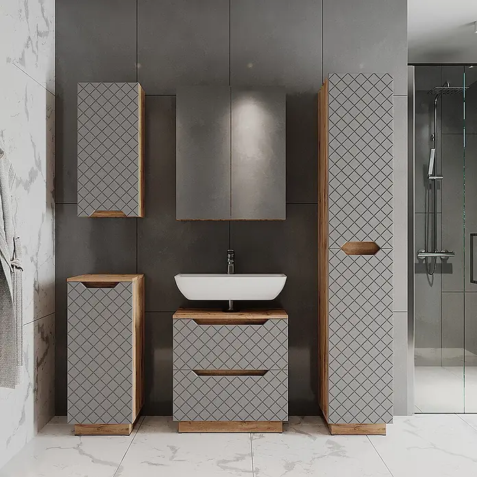 Vicco Badmöbel-Set Lotta Grau 3 Teile - Grau, Matt - Graue Badmöbelgarnitur mit geometrischem Muster, bestehend aus Waschtischunterschrank, Hochschrank und Wandschränken mit Holzdetails.