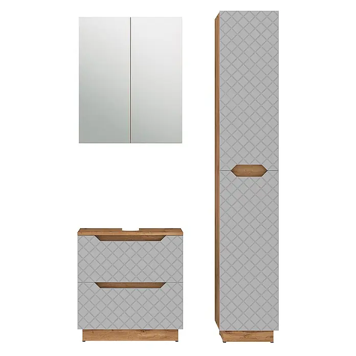 Vicco Badmöbel-Set Lotta Grau 3 Teile - Grau, Matt - Modernes hellgraues Badmöbel-Set mit Holzdetails und Rautenmuster, inklusive Spiegelschrank, Waschtischunterschrank und Hochschrank.