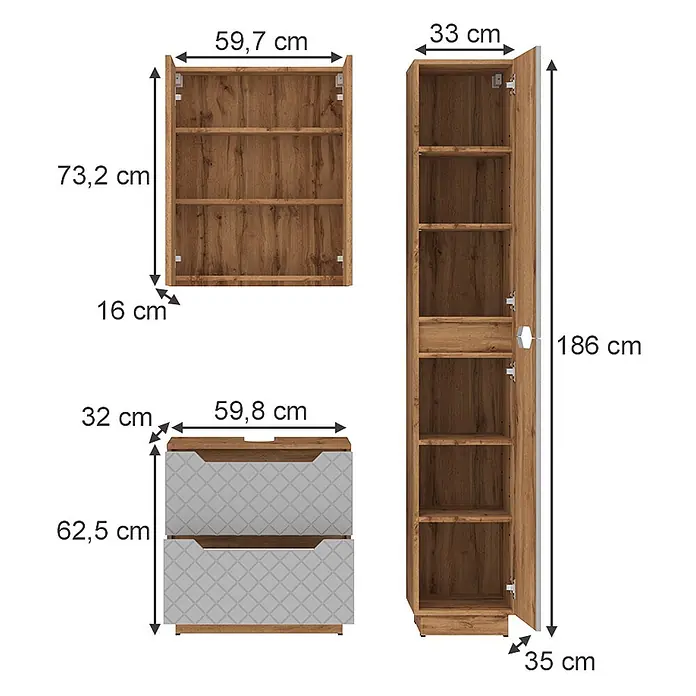 Vicco Badmöbel-Set Lotta Grau 3 Teile - Grau, Matt - Set aus drei Möbelstücken in Holzoptik: Wandregal, Kommode mit 2 Schubladen und gemusterten Fronten, sowie ein hoher Schrank mit Regalen. Maße angegeben.