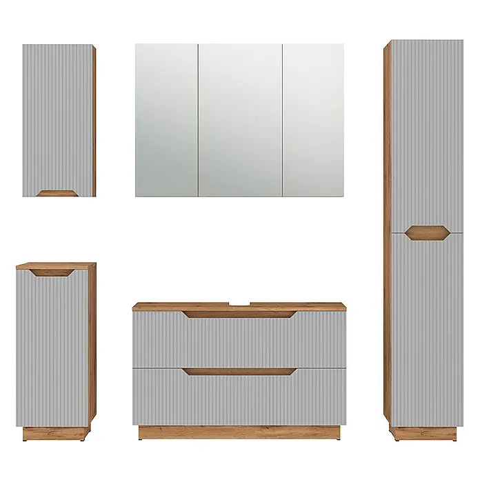 Vicco Badmöbel-Set Lotta Grau 5 Teile - Grau, Matt - Modernes Badmöbel-Set mit hellgrauen geriffelten Fronten und Holzoptik-Akzenten, inkl. Waschtisch, Hochschrank und Wandschränken.