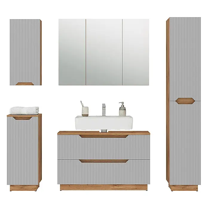 Vicco Badmöbel-Set Lotta Grau 5 Teile - Grau, Matt - Hellgraues geriffeltes Badmöbel-Set mit Holz-Akzenten, inklusive Waschtisch, Waschbecken, Spiegelschrank und Hochschränken.