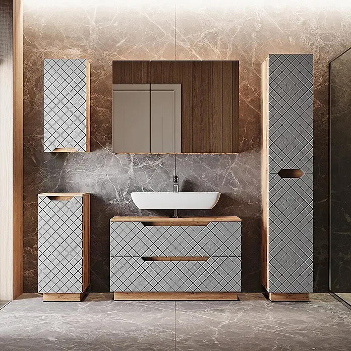 Vicco Badmöbel-Set Lotta Grau 5 Teile - Grau, Matt - Modernes Badmöbel-Set mit grau-rautenförmigen Schränken, Holzdetails und weißem Waschbecken in einem stilvollen Bad.