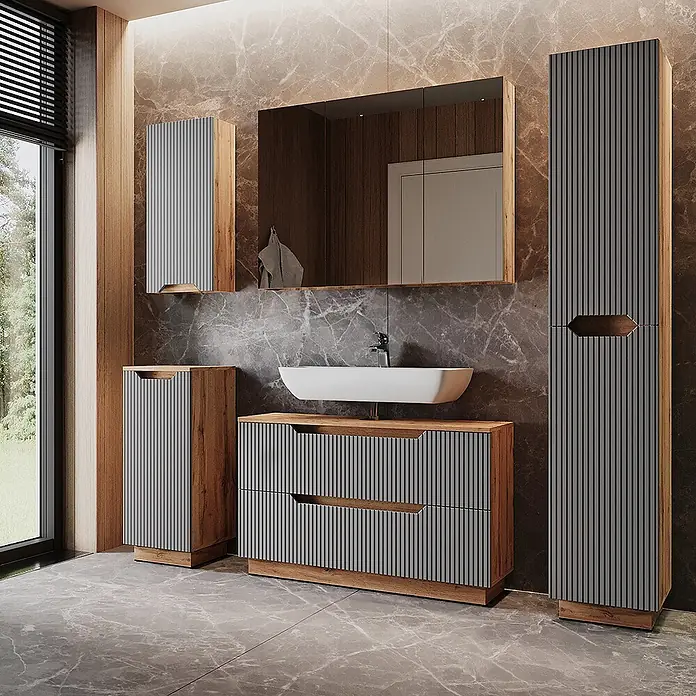 Vicco Badmöbel-Set Lotta Grau 5 Teile - Grau, Matt - Modernes Badmöbelset aus Holz mit grauen Lamellenpaneelen, bestehend aus Waschtisch, Hochschrank und Beistellschränken.