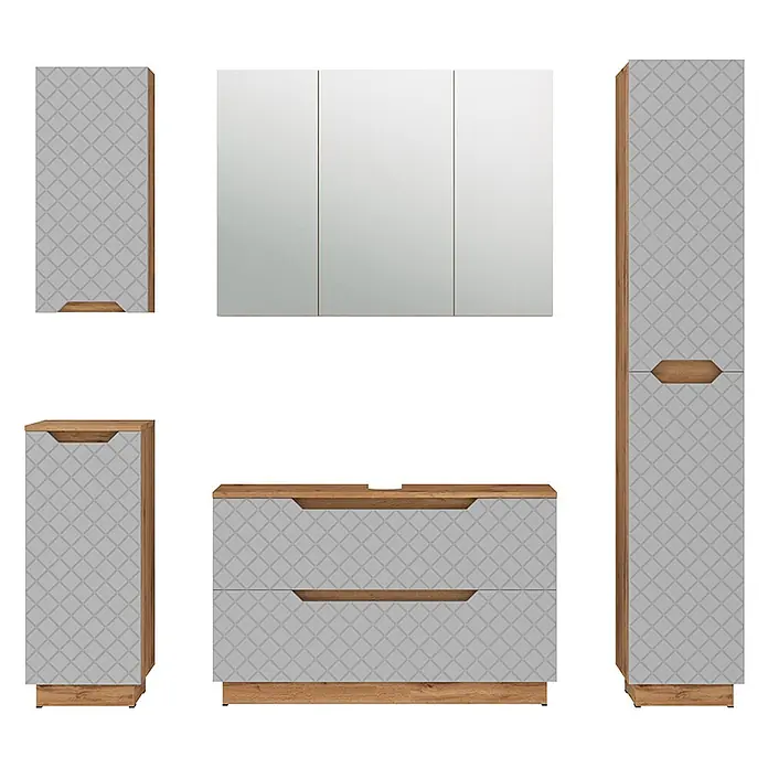 Vicco Badmöbel-Set Lotta Grau 5 Teile - Grau, Matt - Modernes Badmöbelset in Hellgrau mit Rautenmuster und Holzoptik-Akzenten, bestehend aus Spiegel-, Waschtisch- und Hochschränken.
