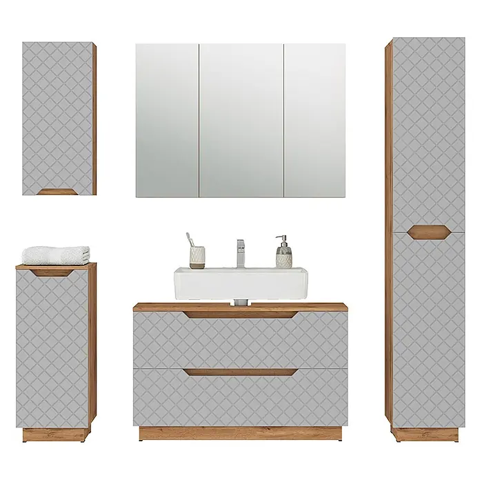 Vicco Badmöbel-Set Lotta Grau 5 Teile - Grau, Matt - Modernes Badezimmermöbel-Set mit hellgrauen Fronten im Rautenmuster und hellen Holzakzenten, Waschtisch, Spiegelschrank und Stauraumschränken.