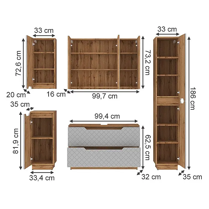 Vicco Badmöbel-Set Lotta Grau 5 Teile - Grau, Matt - Modulares Aufbewahrungsset mit Schränken und Regalen in Holzoptik in verschiedenen Größen, inklusive Hochschrank und Kommode mit grauen Fronten.
