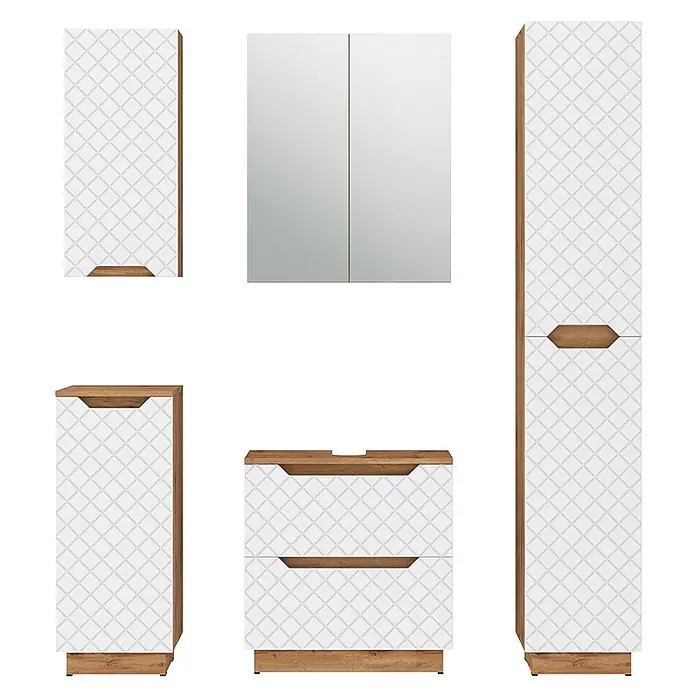Vicco Badmöbel-Set Lotta Weiß 5 Teile - Weiß, Matt - Set weißer Badmöbel mit geometrischer Musterung und Holzoptik-Akzenten: Spiegelschrank, Hochschrank, Wandschrank, Waschtisch, Seitenschrank.