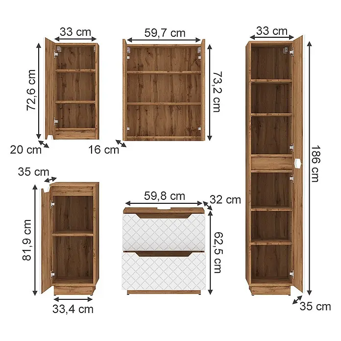 Vicco Badmöbel-Set Lotta Weiß 5 Teile - Weiß, Matt - Verschiedene braune Holzschränke und Schubladenmöbel mit Maßen.