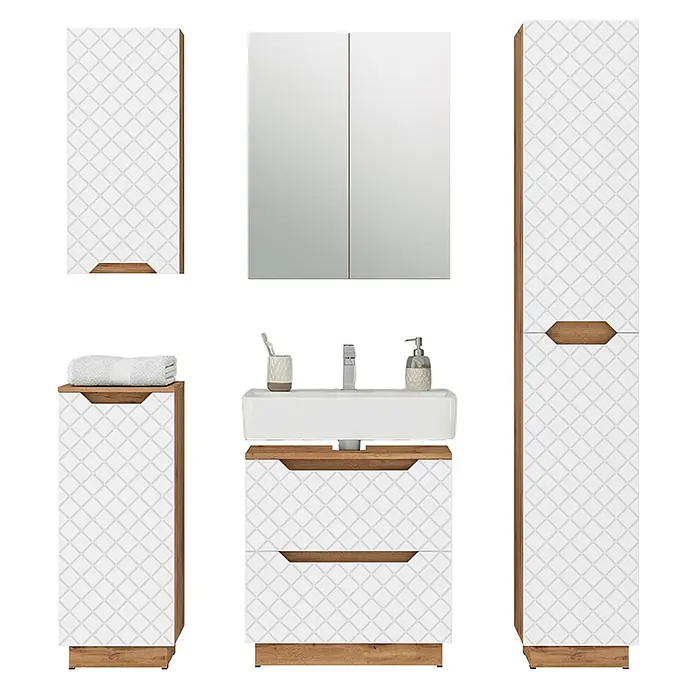 Vicco Badmöbel-Set Lotta Weiß 5 Teile - Weiß, Matt - Weißes Badezimmermöbel-Set mit geometrischem Muster und Holzdetails: Waschtisch, Spiegelschrank, Wandschrank, Hochschrank und Beistellschrank.