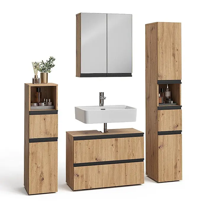 Vicco Badmöbel-Set Torren Artisan 4 Teile - Artisan-Eiche, Matt - Komplettes Badmöbelset: Waschtischunterschrank mit Waschbecken, Spiegelschrank und zwei Hochschränke in heller Holzoptik mit schwarzen Akzenten.