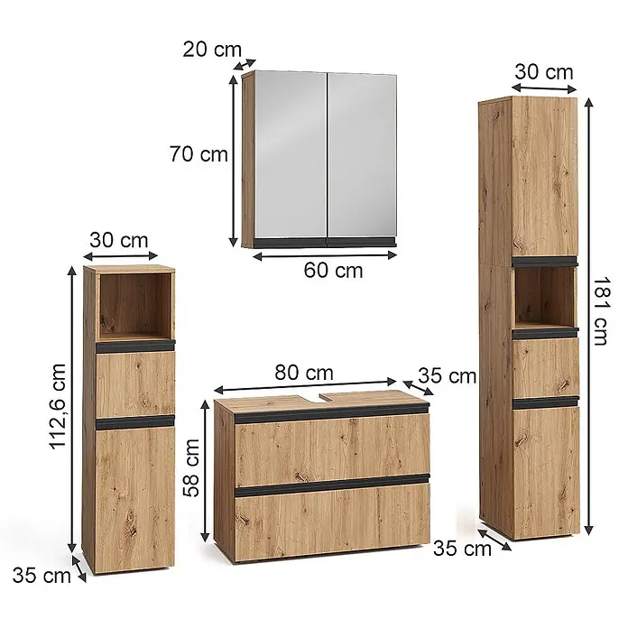 Vicco Badmöbel-Set Torren Artisan 4 Teile - Artisan-Eiche, Matt - Badmöbel-Set aus hellem Holzdekor mit dunklen Akzenten: Waschtisch, Hochschrank, Mittelschrank und Spiegelschrank.