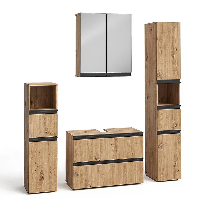 Vicco Badmöbel-Set Torren Artisan 4 Teile - Artisan-Eiche, Matt - Modulares Badmöbel-Set in heller Holzoptik mit schwarzen Akzenten: Spiegelschrank, zwei Hochschränke und Waschtischunterschrank.