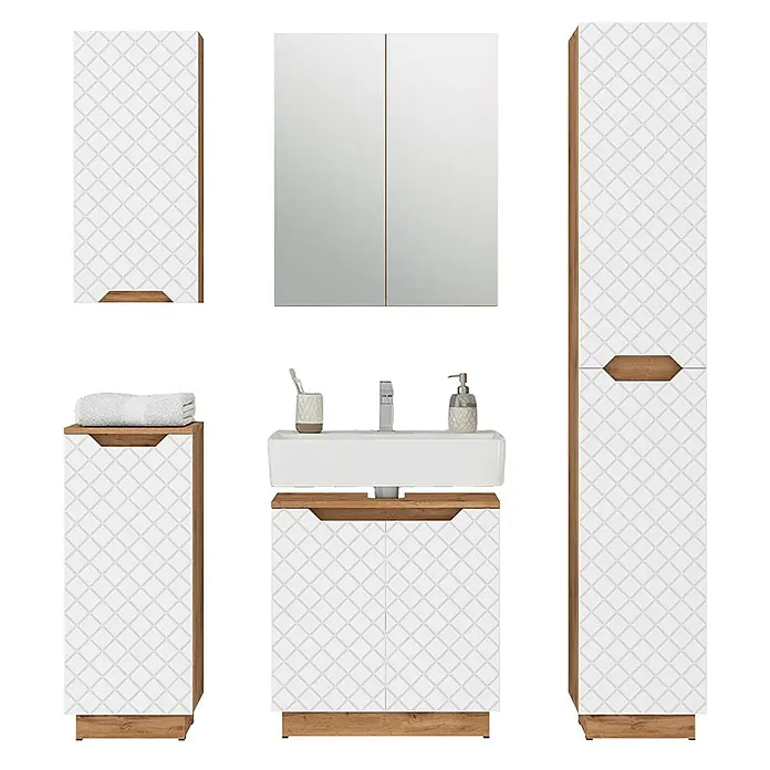 Vicco Badmöbel-Set Lotta Weiß 5 Teile - Weiß, Matt - Weißes Badmöbel-Set mit geometrischem Muster, Holzdetails und Spiegelschrank.