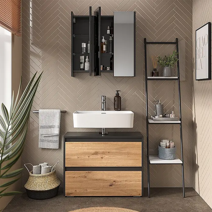 Vicco Badmöbel-Set Majest Artisan 2 Teile - Artisan-Eiche, Matt - Moderner Waschtisch: rechteckiges weißes Waschbecken auf dunklem und Holzmaserung-Unterschrank, mit offenem dunklen Spiegelschrank im Bad.