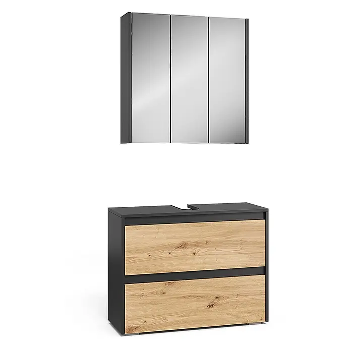 Vicco Badmöbel-Set Majest Artisan 2 Teile - Artisan-Eiche, Matt - Anthrazitfarbener Spiegelschrank und passender Waschtischunterschrank mit hellen Holzschubladen.